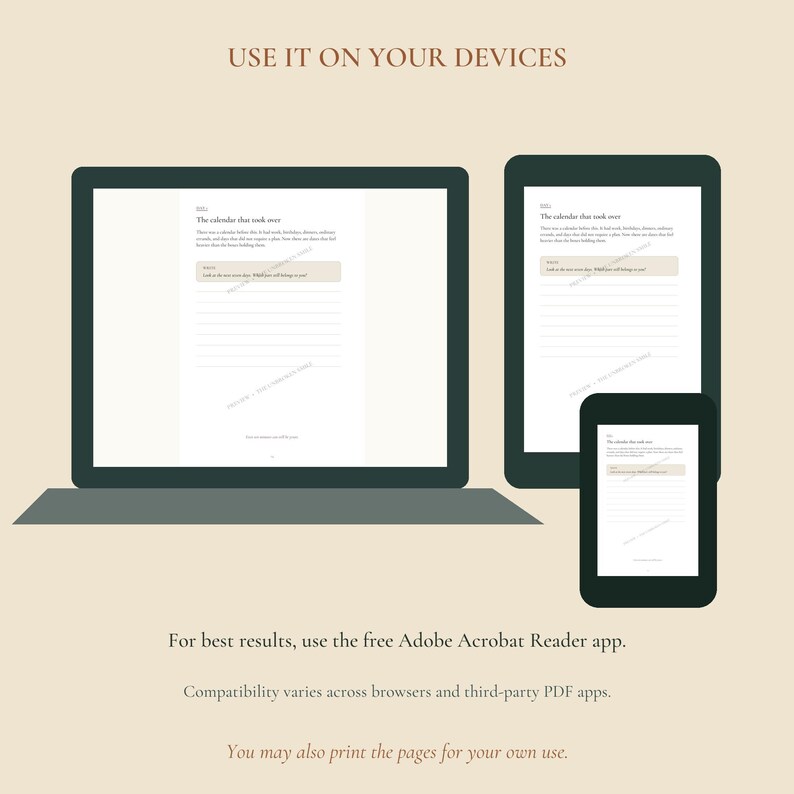 May include: A digital display showing a laptop, tablet, and smartphone screen, each featuring a document titled The calendar that took over with lined writing sections. Text at the top reads USE IT ON YOUR DEVICES, with instructions below.