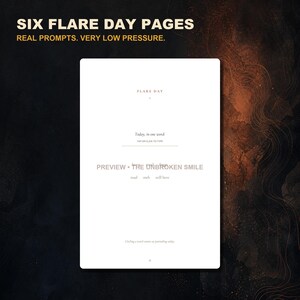 May include: A white digital journal page titled FLARE DAY with the text Today, in one word: and a prompt to tap or click to type. The page includes the text PREVIEW THE UNBROKEN SMILE, mad, melt, still here, and Circling a word counts as journaling today.