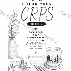 K&ouml;nnte beinhalten: Schwarz-Wei&szlig;-Illustration eines Malbuchs mit dem Titel "COLOR YOUR CRPS VOLUME 2" mit dem Text "BOLD & EASY COZY COLORING PAGES". Das Bild enth&auml;lt eine Tasse, Bleistifte und eine Vase mit einer Pflanze.