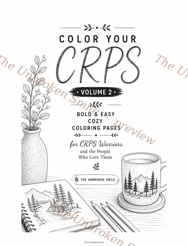K&ouml;nnte beinhalten: Schwarz-Wei&szlig;-Illustration eines Malbuchs mit dem Titel "COLOR YOUR CRPS VOLUME 2" mit dem Text "BOLD & EASY COZY COLORING PAGES". Das Bild enth&auml;lt eine Tasse, Bleistifte und eine Vase mit einer Pflanze.