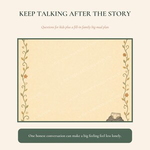 May include: A rectangular printable sheet titled KEEP TALKING AFTER THE STORY with the subtitle Questions for kids plus a fill-in family big-mad plan. The border features green vines with orange flowers and a small pair of underwear in the corner.