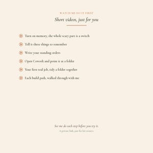 May include: A beige background with text that reads "WATCH ME DO IT FIRST" and "Short videos, just for you." Bullet points list steps like "Turn on memory" and "Write your standing orders." The text "See me do each step before you try it" is at the bottom.