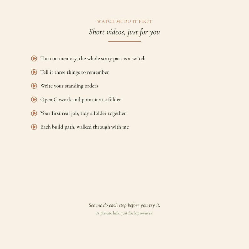 May include: A beige background with text that reads "WATCH ME DO IT FIRST" and "Short videos, just for you." Bullet points list steps like "Turn on memory" and "Write your standing orders." The text "See me do each step before you try it" is at the bottom.