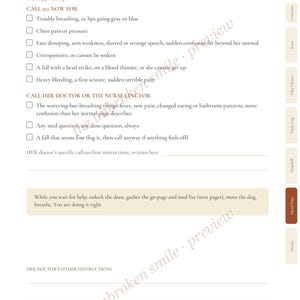May include: A white informational page titled When to Call 911, featuring a checklist for medical emergencies and doctor contact guidelines. The page includes checkboxes, text instructions, and a sidebar with labeled tabs for a medical logbook.