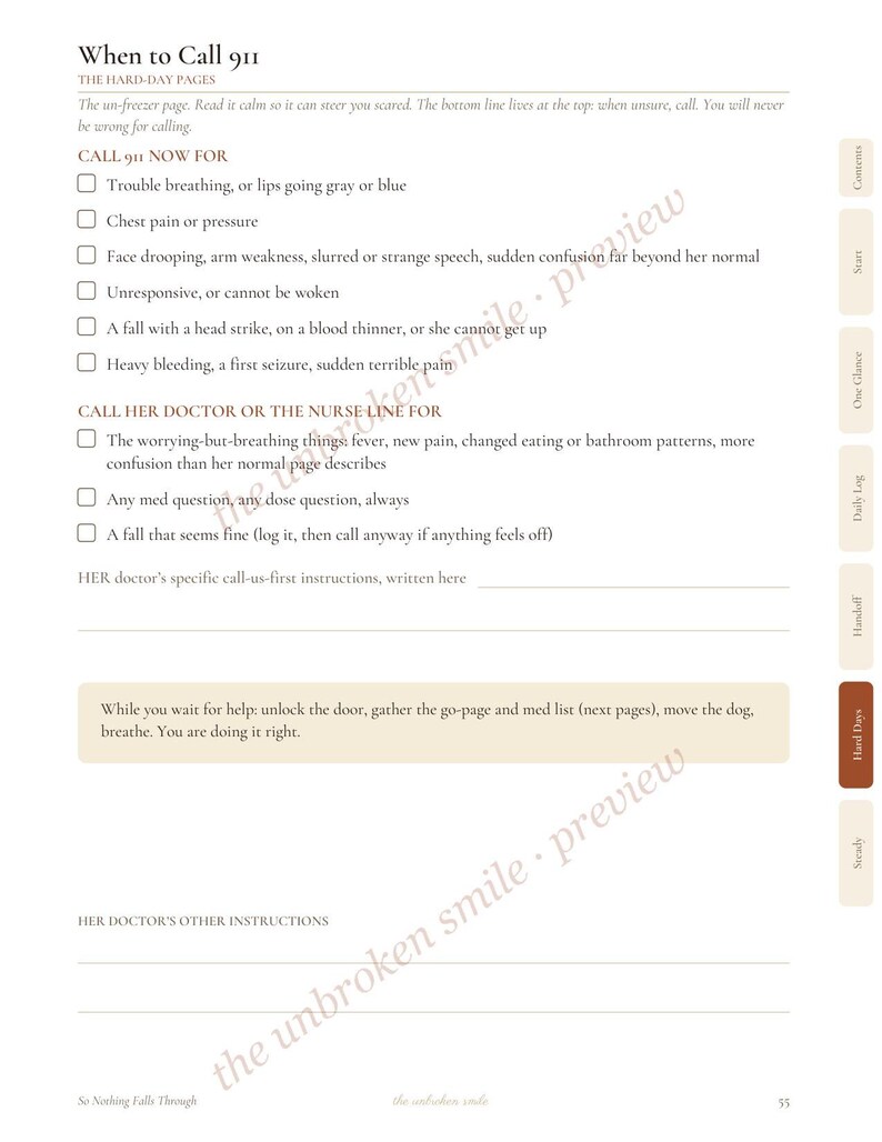 May include: A white informational page titled When to Call 911, featuring a checklist for medical emergencies and doctor contact guidelines. The page includes checkboxes, text instructions, and a sidebar with labeled tabs for a medical logbook.
