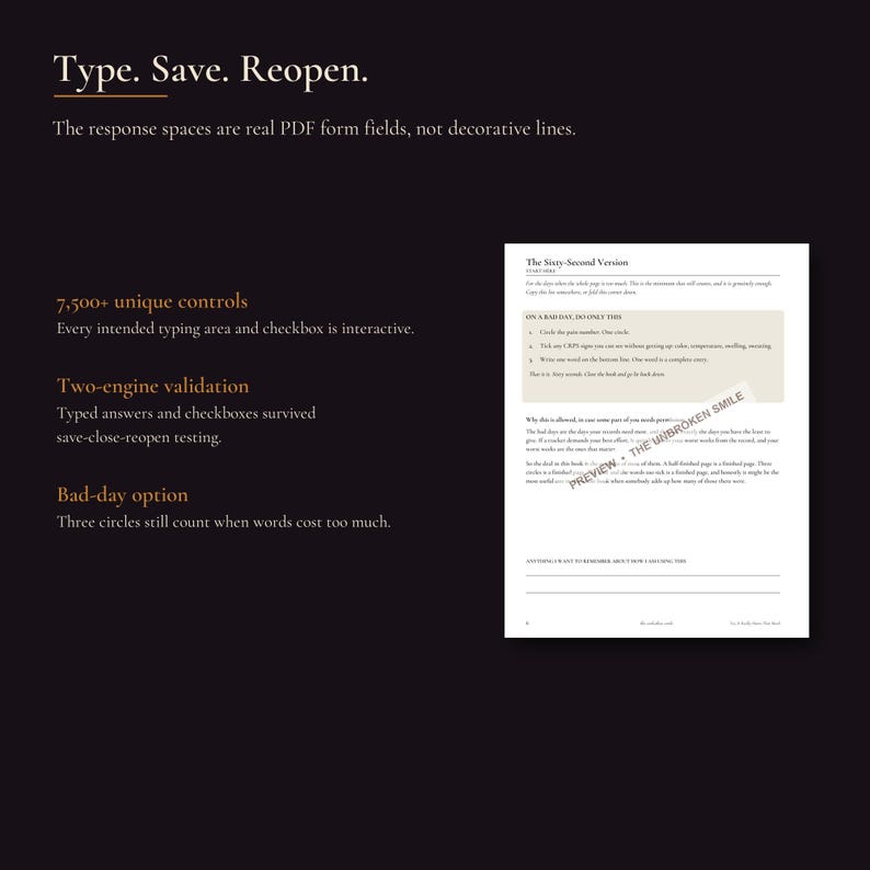 May include: A digital PDF document titled The Six-Second Version featuring interactive form fields, checkboxes, and text areas. The layout includes instructional text, a beige highlighted section, and a watermark reading PREVIEW THE UNBROKEN SMILE.