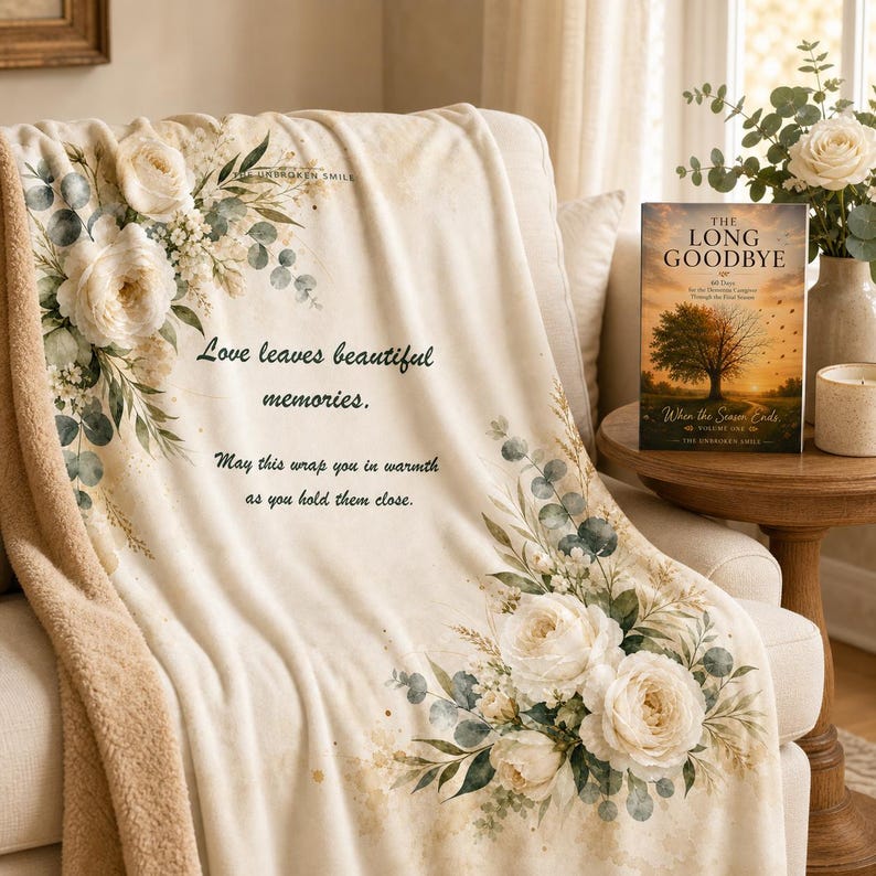 May include: A cream-colored fleece throw blanket featuring watercolor-style white roses and eucalyptus leaves. The text reads: Love leaves beautiful memories. May this wrap you in warmth as you hold them close. The blanket has a textured tan underside.