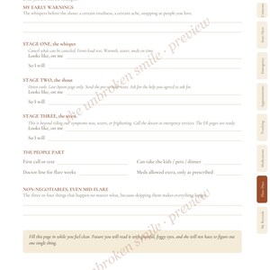 May include: A white planner page titled My Flare Plan with sections for early warnings, three stages of symptoms, people to contact, and non-negotiables. The page includes side tabs for categories like contents, emergency, appointments, and tracking.