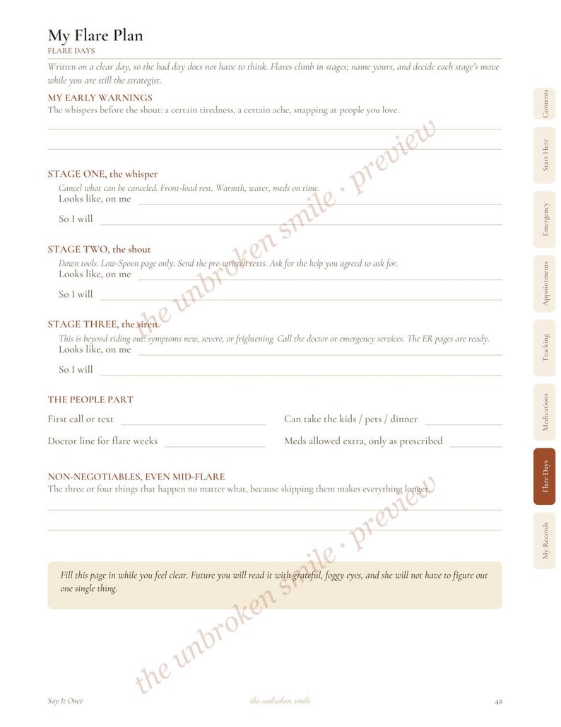 May include: A white planner page titled My Flare Plan with sections for early warnings, three stages of symptoms, people to contact, and non-negotiables. The page includes side tabs for categories like contents, emergency, appointments, and tracking.
