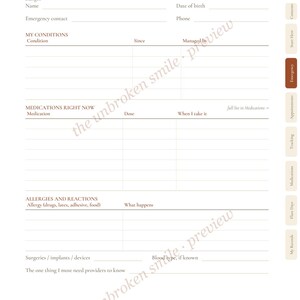 May include: A white medical information form titled My Medical Snapshot with sections for personal details, emergency contacts, conditions, medications, allergies, and surgeries. The page features a dark brown tab labelled Emergency on the right side.