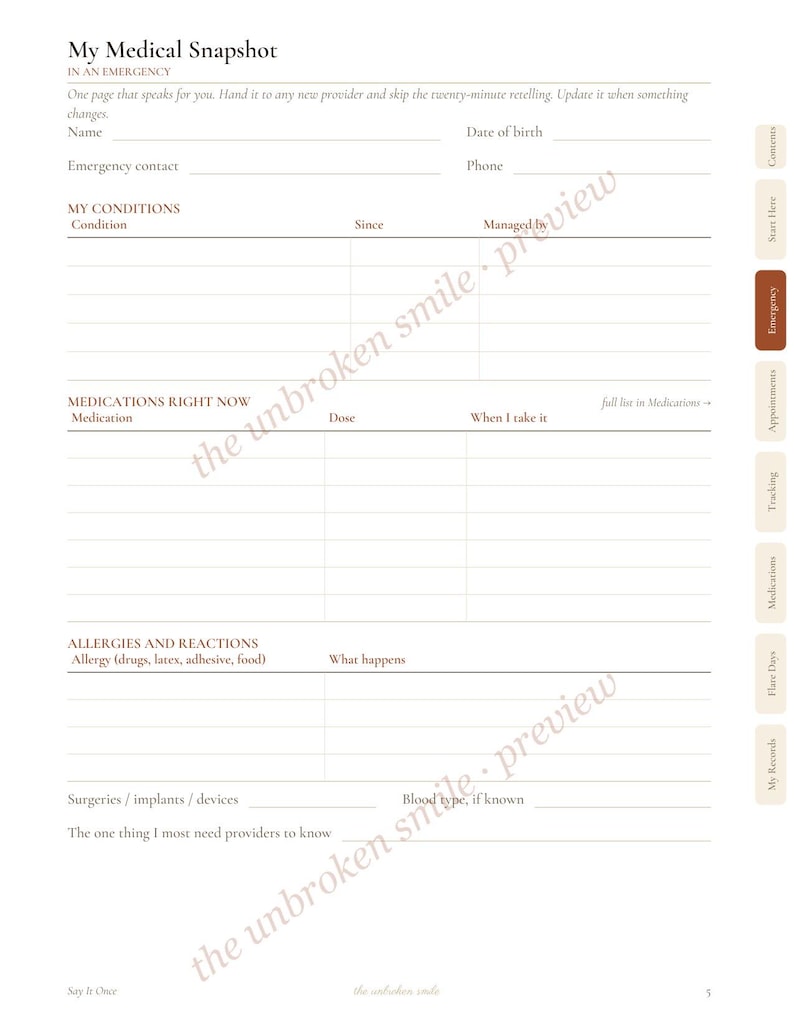 May include: A white medical information form titled My Medical Snapshot with sections for personal details, emergency contacts, conditions, medications, allergies, and surgeries. The page features a dark brown tab labelled Emergency on the right side.