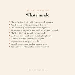 以下が含まれることがあります： 「What's inside」というテキストと内容をリストした箇条書きがあるデジタルダウンロードグラフィック。14日間のプラン、ビデオ、スクリプト、プライバシーガイド、用語集、ワークブック、チートシート、メニューが含まれています。