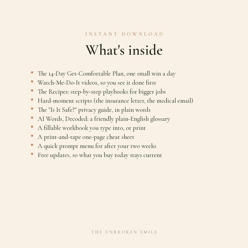 以下が含まれることがあります： 「What's inside」というテキストと内容をリストした箇条書きがあるデジタルダウンロードグラフィック。14日間のプラン、ビデオ、スクリプト、プライバシーガイド、用語集、ワークブック、チートシート、メニューが含まれています。