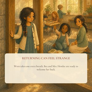 Wren returning to Room 3 and reconnecting with her friend Bea.