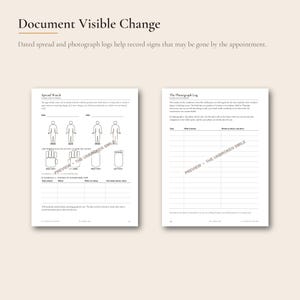 May include: A two-page document titled Document Visible Change featuring a Spread Watch log with human body outlines and a Photograph Log with a table for tracking medical symptoms, dates, and observations, all printed on white paper.