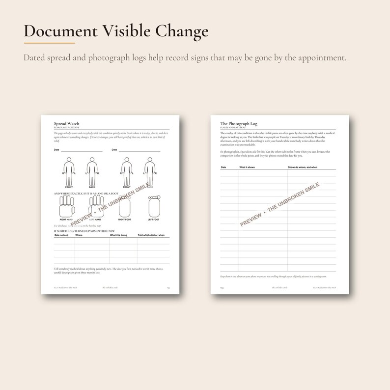 May include: A two-page document titled Document Visible Change featuring a Spread Watch log with human body outlines and a Photograph Log with a table for tracking medical symptoms, dates, and observations, all printed on white paper.