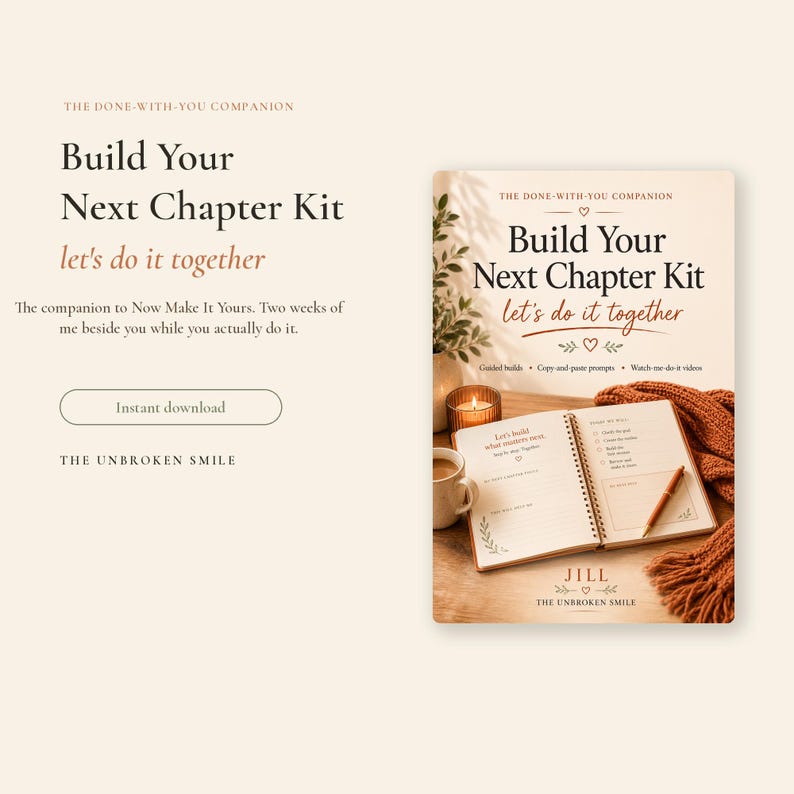May include: A book cover with the title "Build Your Next Chapter Kit" and the phrase "let's do it together." The cover features a journal, a mug, a candle, and a scarf. The text "Instant download" is also visible.