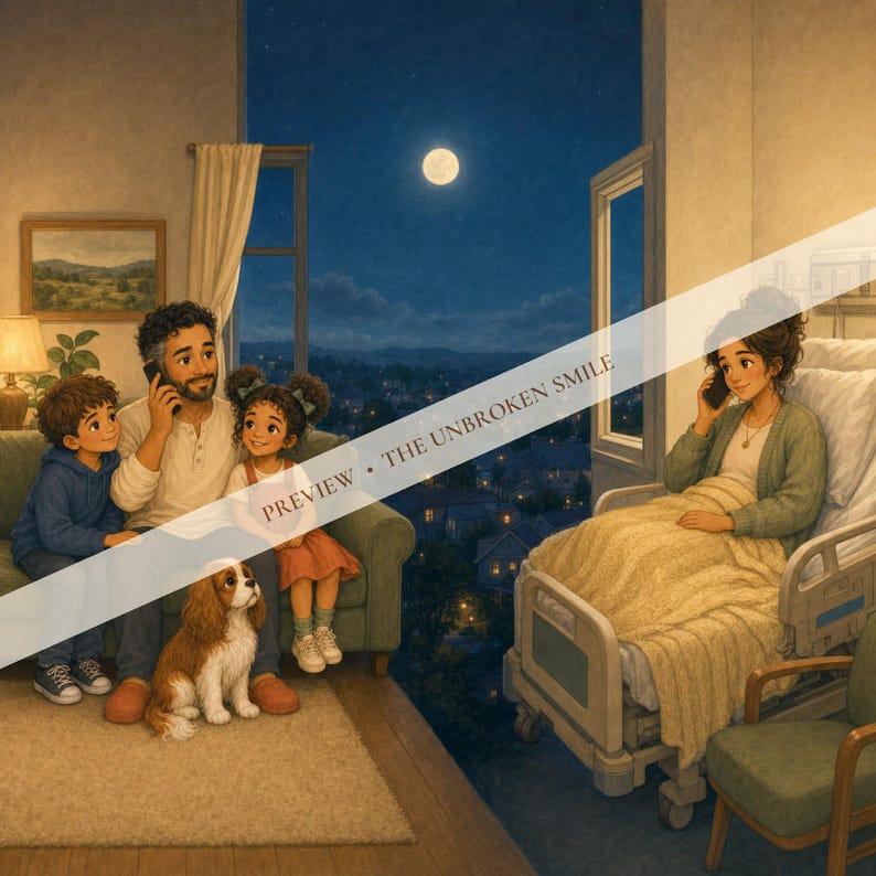 Theo, Dad, Millie, and Waffles at home while Mommy sees the same moon from the hospital