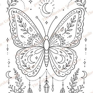 May include: Black and white line art illustration of a butterfly with intricate patterns. The butterfly design includes crescent moons, stars, and floral elements. The image has a celestial and bohemian theme.