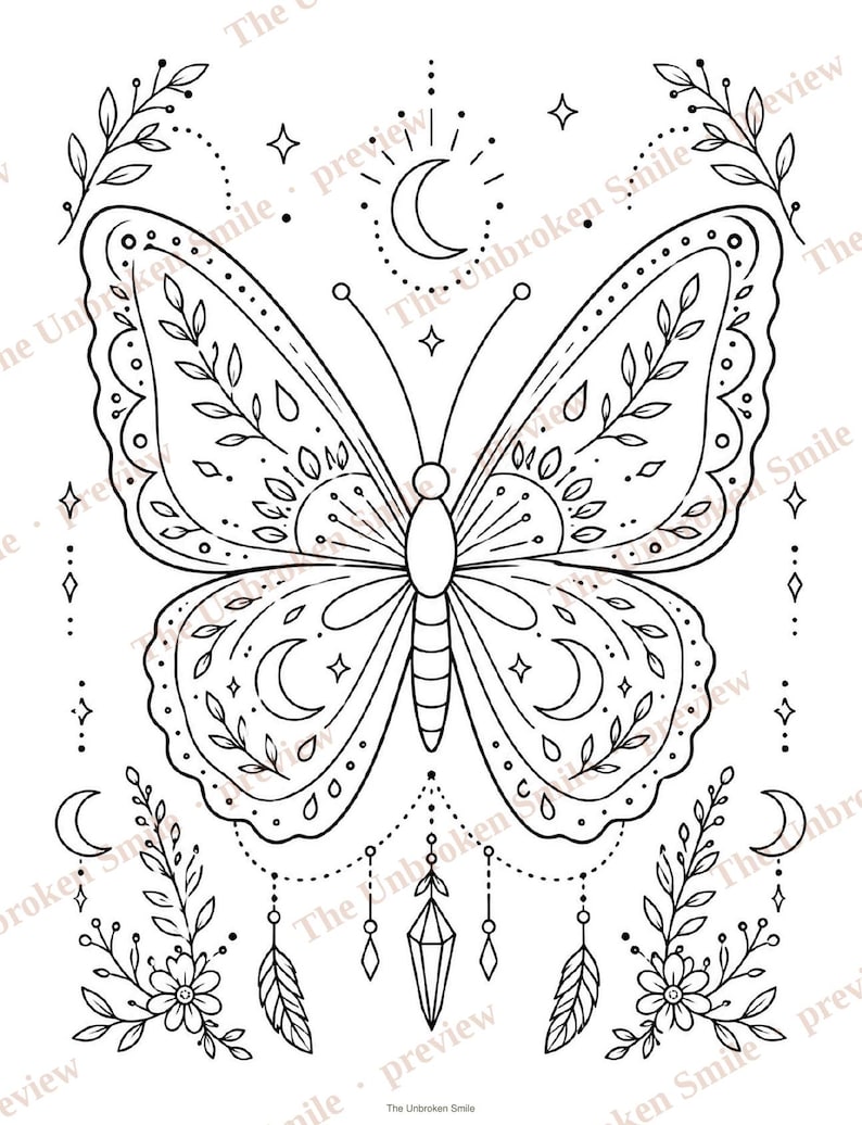 May include: Black and white line art illustration of a butterfly with intricate patterns. The butterfly design includes crescent moons, stars, and floral elements. The image has a celestial and bohemian theme.