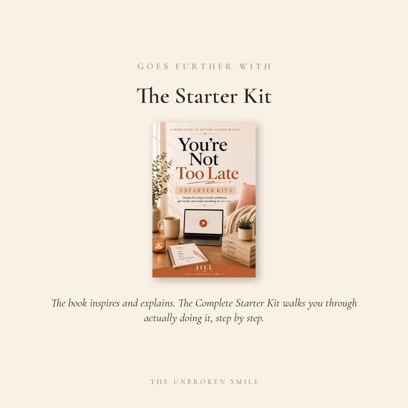 May include: A book titled "You're Not Too Late" with "Starter Kit" text, displayed with a laptop, mug, and notebook. The book cover features a cozy interior scene. The text "The Starter Kit" is above the book.