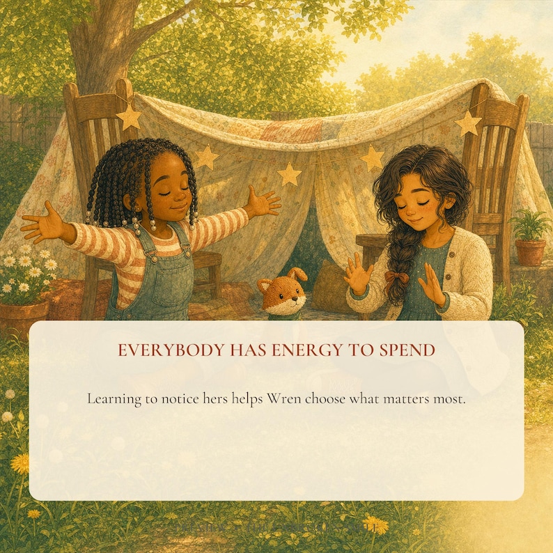 May include: An illustration of two children with a small fox toy inside a blanket fort draped over two wooden chairs. The text reads: EVERYBODY HAS ENERGY TO SPEND. Learning to notice hers helps Wren choose what matters most.