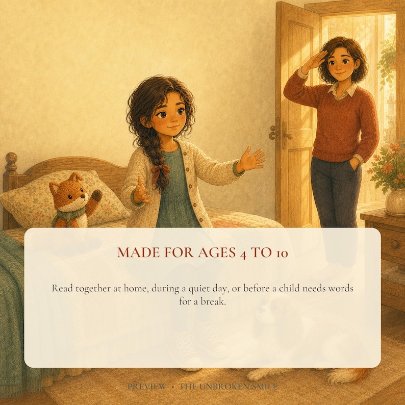 May include: An illustration of a child with dark hair in a blue dress and cream cardigan, a person in a rust sweater, and a plush fox toy. Text reads: MADE FOR AGES 4 TO 10. Read together at home, during a quiet day, or before a child needs words for a break.