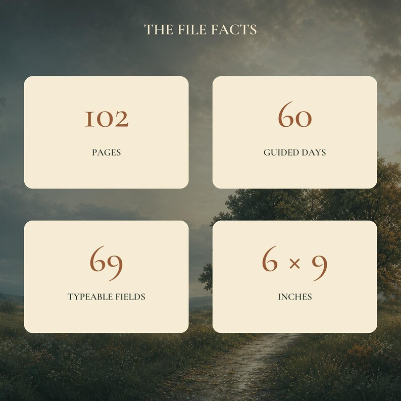 May include: A digital information graphic titled THE FILE FACTS featuring four cream-colored rectangular boxes with rounded corners. The text displays 102 PAGES, 60 GUIDED DAYS, 69 TYPEABLE FIELDS, and 6 x 9 INCHES in a dark brown serif font.