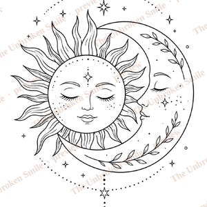 May include: Black and white illustration of a sun and moon with closed eyes, surrounded by stars and a dotted circle. The sun has radiating lines, and the moon is adorned with leaves. A string of stars and a diamond shape hangs below.