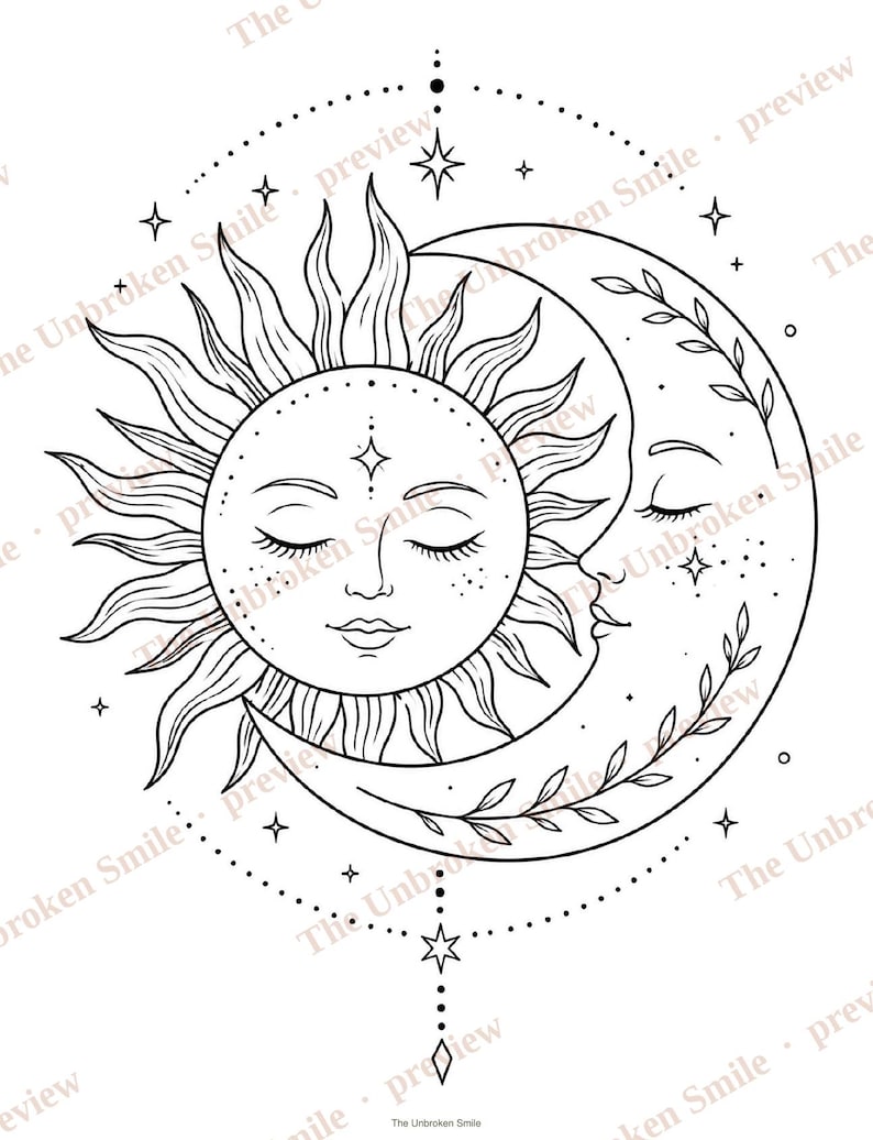 May include: Black and white illustration of a sun and moon with closed eyes, surrounded by stars and a dotted circle. The sun has radiating lines, and the moon is adorned with leaves. A string of stars and a diamond shape hangs below.