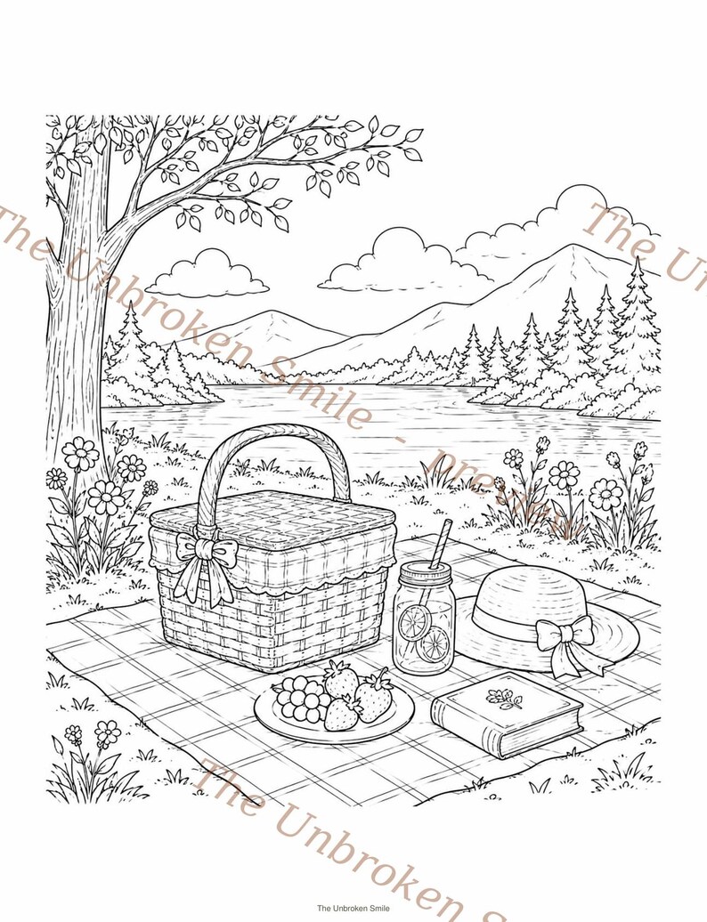K&ouml;nnte beinhalten: Schwarz-Wei&szlig;-Strichzeichnung einer Picknick-Szene. Ein Picknickkorb, ein Teller mit Obst, ein Glas Limonade, ein Hut und ein Buch liegen auf einer karierten Decke. Der Hintergrund zeigt einen See, Berge und B&auml;ume.