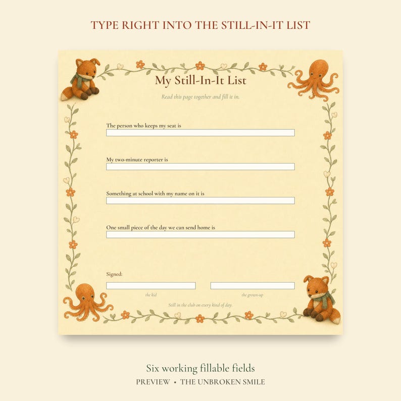 Fillable Still-In-It List with fields for a child's support people and school connections.