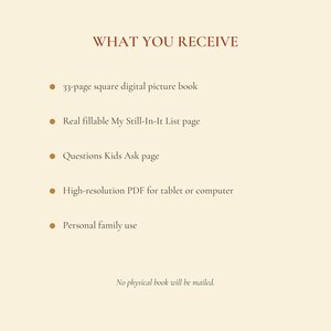 Product contents showing a 33-page digital story, questions for children, and a fillable activity page.