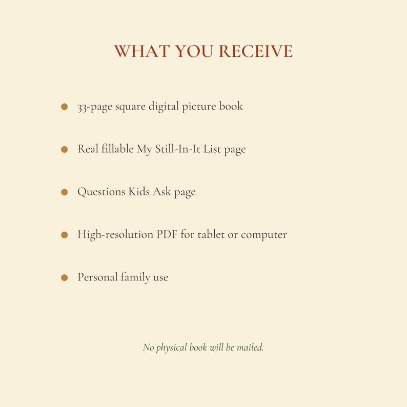 Product contents showing a 33-page digital story, questions for children, and a fillable activity page.