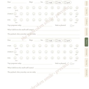 May include: A white daily health tracking page titled A Day, Gently Logged. It features two sections for recording date, sleep, and checkboxes for rough, okay, or good. Includes numerical scales for pain, energy, and fog, plus lines for symptoms, meds, and activities.