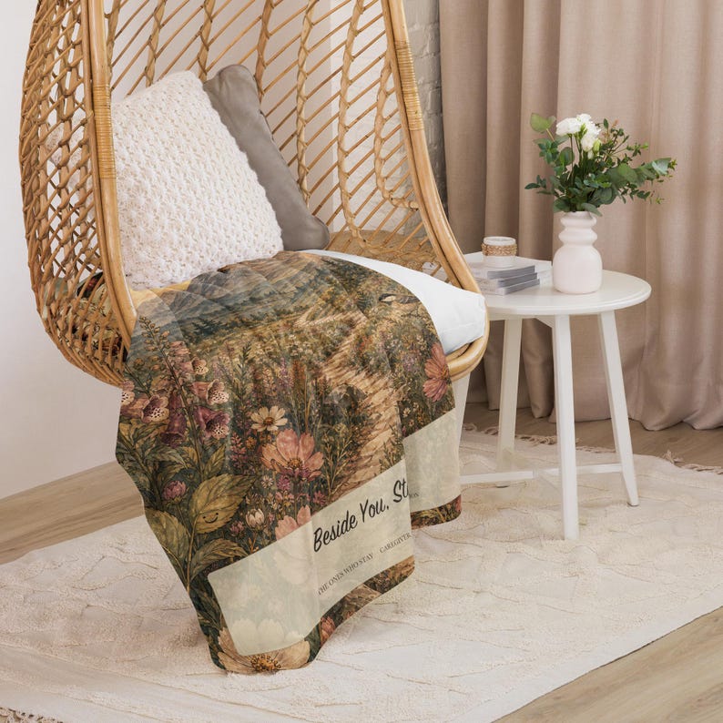 May include: A rectangular throw blanket featuring a detailed botanical print of a garden path with wildflowers, foxgloves, and greenery. The text "Beside You, Still" is printed in a dark font on a light cream-colored band across the lower section.