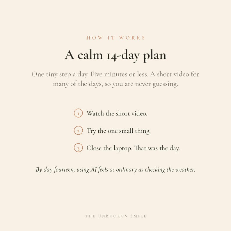 以下が含まれることがあります： 「HOW IT WORKS」と「A calm 14-day plan」というテキストが書かれたベージュ色のグラフィック。テキストは、ビデオを見て、何かを試して、ラップトップを閉じるという3つのステップからなる14日間の計画について説明しています。The Unbroken Smileが一番下にあります。