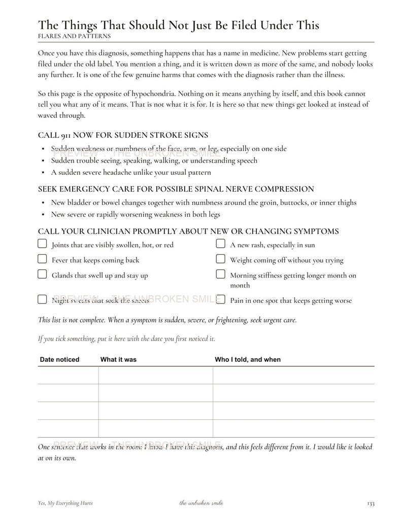 May include: A medical tracking page titled The Things That Should Not Just Be Filed Under This, featuring sections for stroke signs, spinal nerve compression, and a checklist for symptoms with a table for recording dates, observations, and communication.