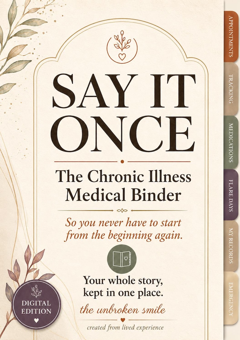 May include: A digital medical binder cover titled SAY IT ONCE The Chronic Illness Medical Binder. It features botanical illustrations, a tabbed side menu with sections for appointments, tracking, medications, flare days, records, and emergency.