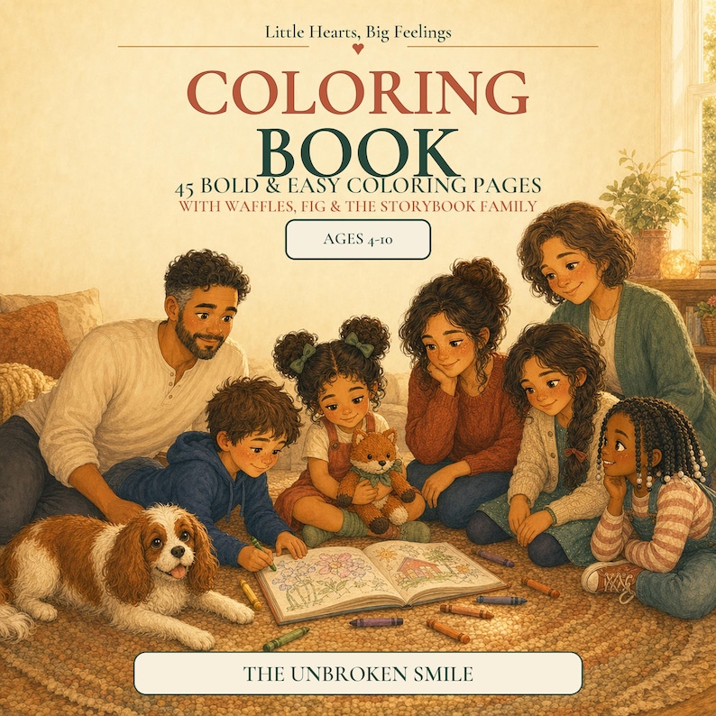 May include: A coloring book titled Little Hearts, Big Feelings with 45 bold and easy coloring pages featuring Waffles, Fig and the Storybook Family. The cover shows a family of six and a brown and white dog gathered around an open book.