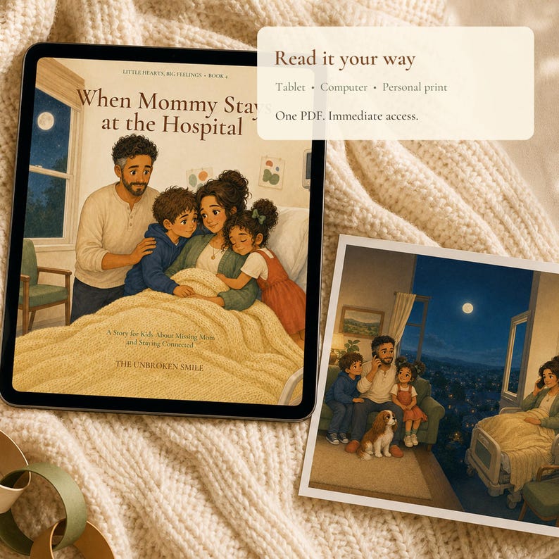 Children’s book shown on a tablet with a printed preview page