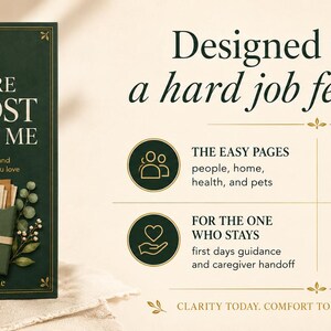 May include: A dark green end-of-life planner titled So You're Not Lost Without Me, featuring a gold-embossed envelope graphic. The text reads Designed to make a hard job feel possible, detailing sections for paperwork, easy pages, and heart pages.