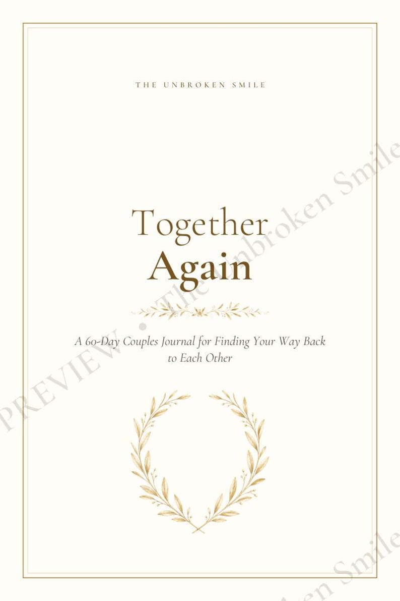 Watermarked title page of the Together Again 60-day couples journal with gold botanical accents and an elegant cream layout.