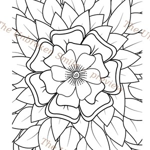 Peut inclure: Page de coloriage floral en noir et blanc repr&eacute;sentant une grande fleur d&eacute;taill&eacute;e entour&eacute;e de nombreuses feuilles. La fleur a de multiples p&eacute;tales et un centre d&eacute;taill&eacute;. L'aper&ccedil;u The Unbroken Smile est imprim&eacute; sur l'image.