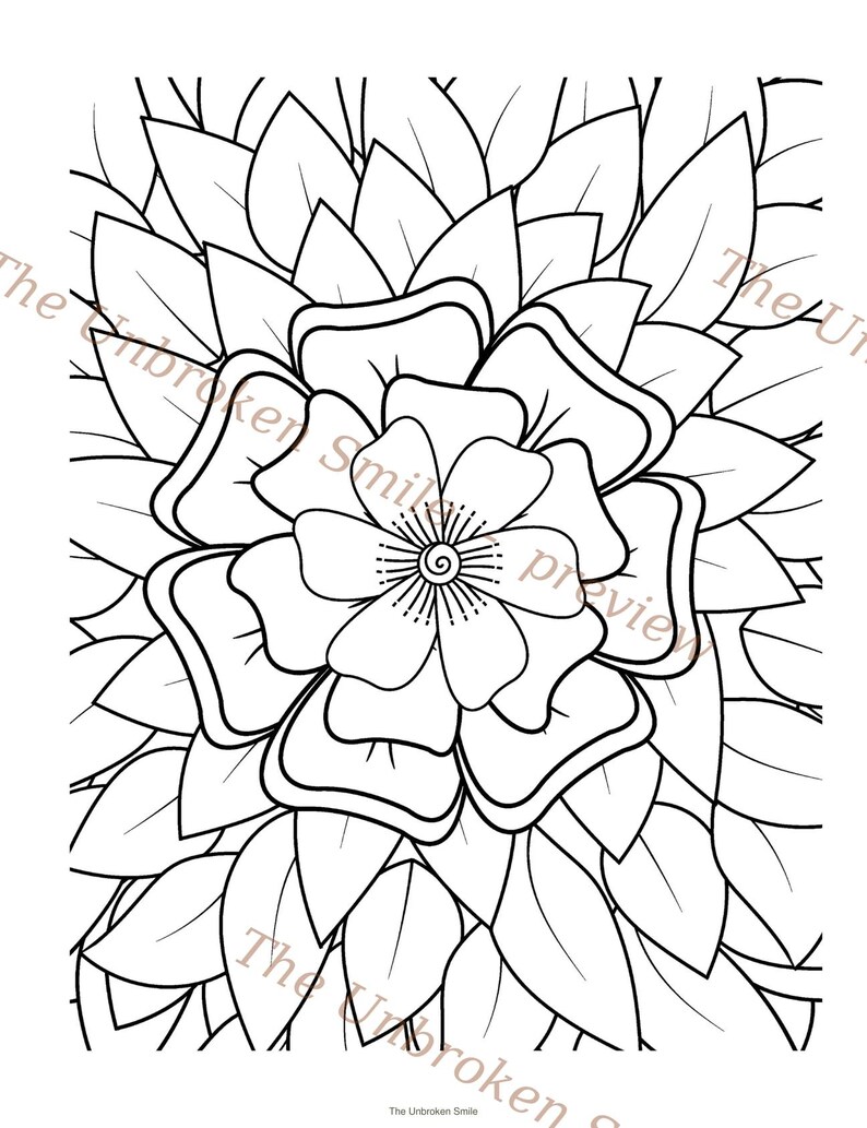 Peut inclure: Page de coloriage floral en noir et blanc repr&eacute;sentant une grande fleur d&eacute;taill&eacute;e entour&eacute;e de nombreuses feuilles. La fleur a de multiples p&eacute;tales et un centre d&eacute;taill&eacute;. L'aper&ccedil;u The Unbroken Smile est imprim&eacute; sur l'image.