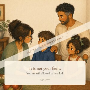 Illustrated family scene explaining that the hospital stay is not the child’s fault