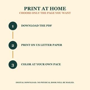 May include: A digital instruction graphic with dark green text on a cream background. It reads: PRINT AT HOME, CHOOSE ONLY THE PAGE YOU WANT. Three numbered steps: 1 DOWNLOAD THE PDF, 2 PRINT ON US LETTER PAPER, 3 COLOR AT YOUR OWN PACE. DIGITAL DOWNLOAD.