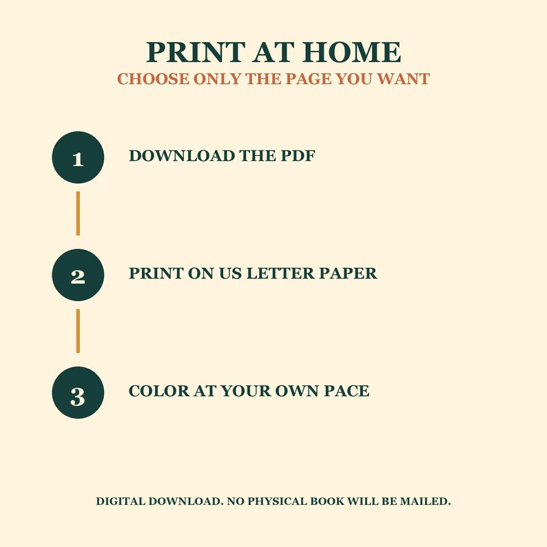 May include: A digital instruction graphic with dark green text on a cream background. It reads: PRINT AT HOME, CHOOSE ONLY THE PAGE YOU WANT. Three numbered steps: 1 DOWNLOAD THE PDF, 2 PRINT ON US LETTER PAPER, 3 COLOR AT YOUR OWN PACE. DIGITAL DOWNLOAD.