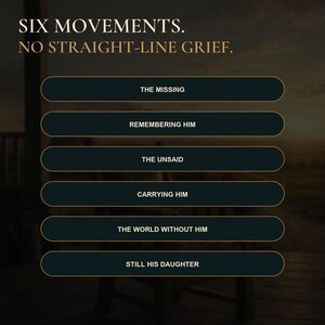 May include: A dark graphic featuring the text SIX MOVEMENTS. NO STRAIGHT-LINE GRIEF. followed by six horizontal buttons labeled THE MISSING, REMEMBERING HIM, THE UNSAID, CARRYING HIM, THE WORLD WITHOUT HIM, and STILL HIS DAUGHTER in gold lettering.
