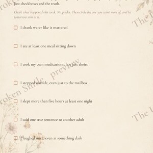 May include: A page titled Day 7 The basics checklist with a floral border. The text includes instructions and seven checkboxes with statements about daily habits like drinking water, eating meals, taking medications, and laughing, all on a cream background.